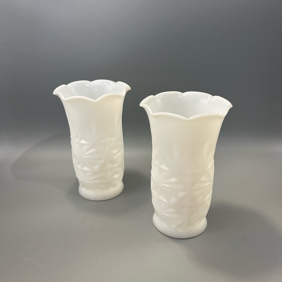 (2) matching Vintage Milk Glass Vases. Wonderful texture, scalloped rims.